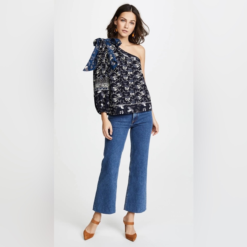 Ulla Johnson Navy Blue Print Asima One Shoulder Bow‎ Sleeve Blouse Top